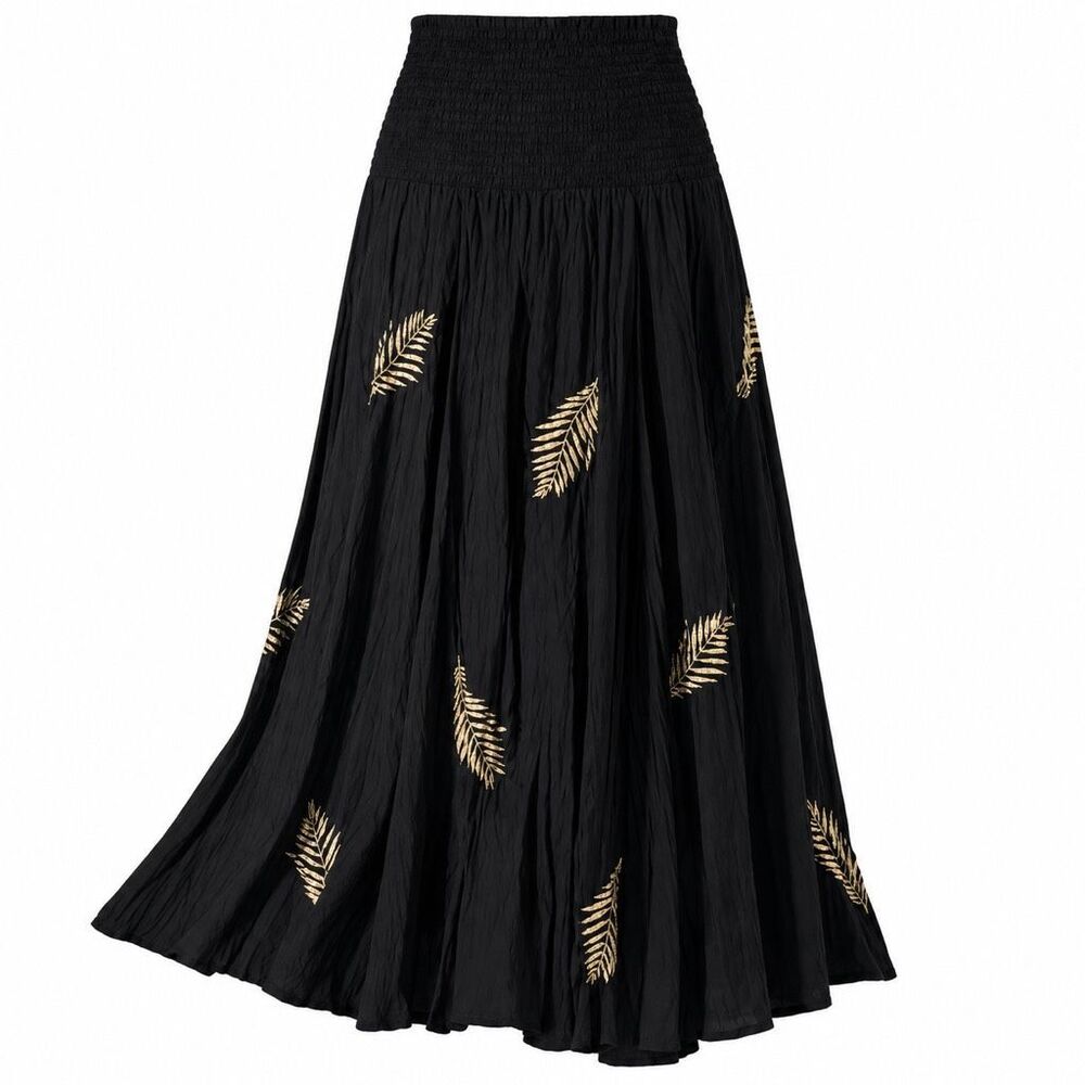 Pyramid Collection Golden Feather Embroidered Maxi Skirt Black boho Womens M NEW